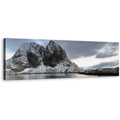 Lofoten Islands Canvas Print, White Hamnoy Harbor Panoramic Canvas Art, Grey Mountain River 1 Piece Wall Art