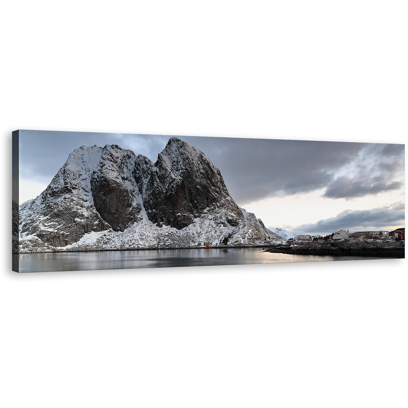 Lofoten Islands Canvas Print, White Hamnoy Harbor Panoramic Canvas Art, Grey Mountain River 1 Piece Wall Art