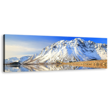 Load image into Gallery viewer, Lofoten Islands Canvas Print, White Snowy Norway Scenery Panoramic Wall Art, Blue Sky Mountain River Canvas Art
