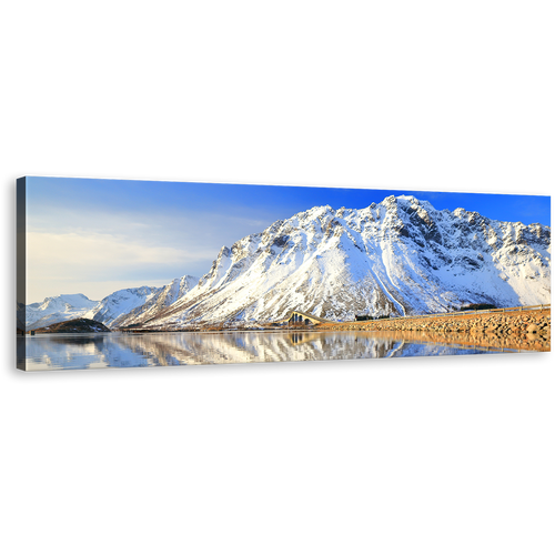 Lofoten Islands Canvas Print, White Snowy Norway Scenery Panoramic Wall Art, Blue Sky Mountain River Canvas Art