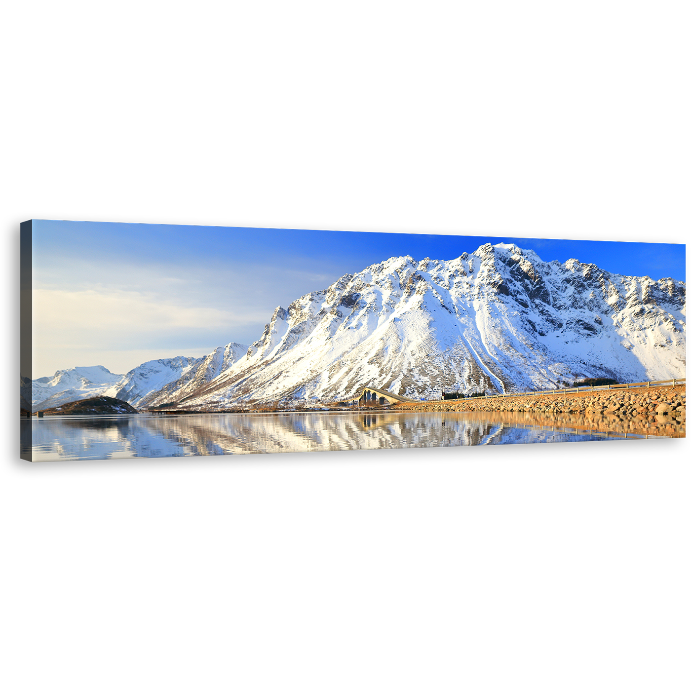 Lofoten Islands Canvas Print, White Snowy Norway Scenery Panoramic Wall Art, Blue Sky Mountain River Canvas Art