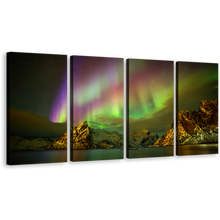 Load image into Gallery viewer, Lofoten Islands Canvas Wall Art, Lilandstinden Mountain Purle Green Aurora Quartet Northern Lights 4 Piece Canvas Multi-panel Print
