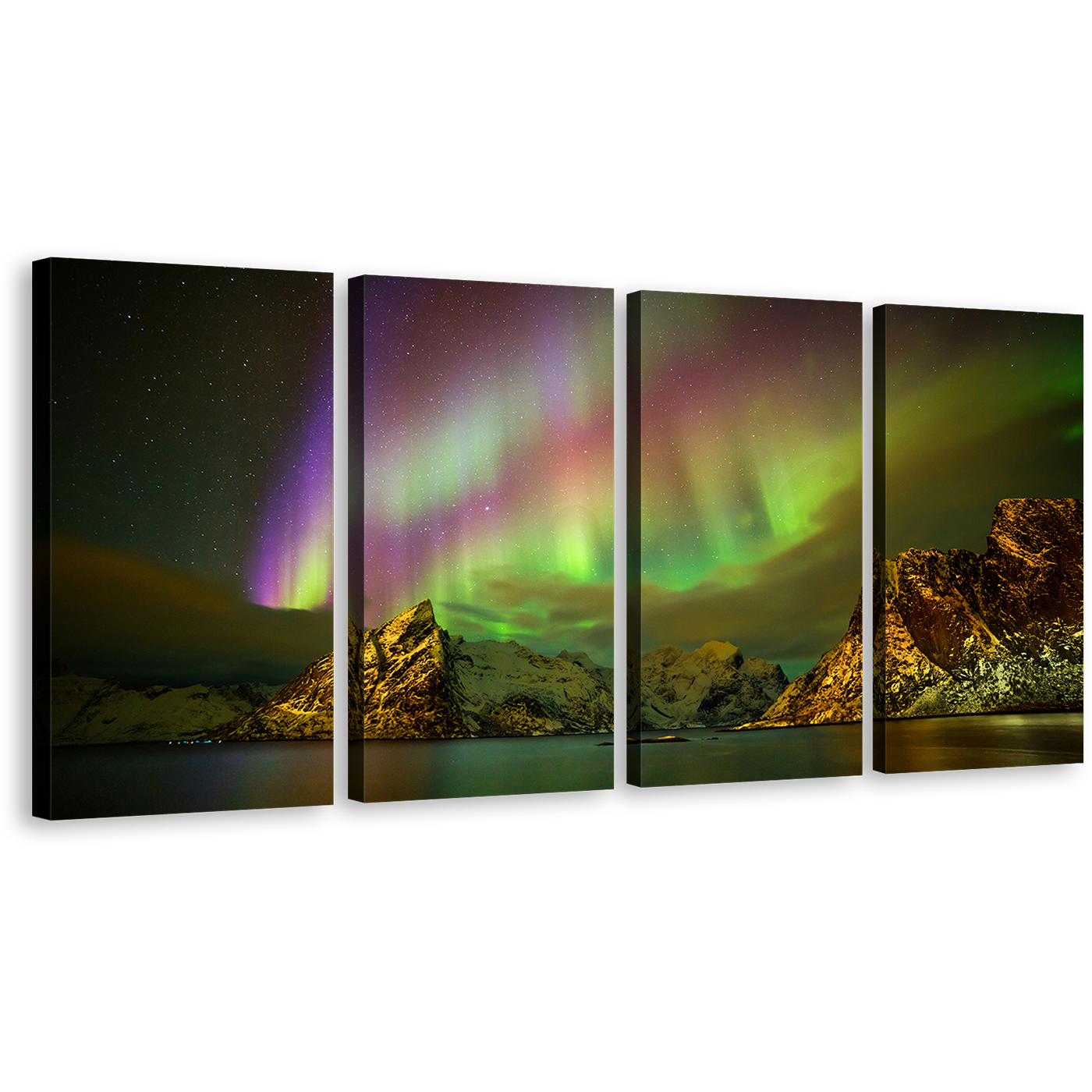 Lofoten Islands Canvas Wall Art, Lilandstinden Mountain Purle Green Aurora Quartet Northern Lights 4 Piece Canvas Multi-panel Print