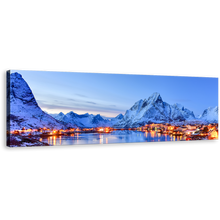 Load image into Gallery viewer, Lofoten Islands Canvas Wall Art, Norway Winter Blue Sky Mountains Canvas Print, City Mountain 1 Piece Canvas, Orange Reine Village Panorama Canvas
