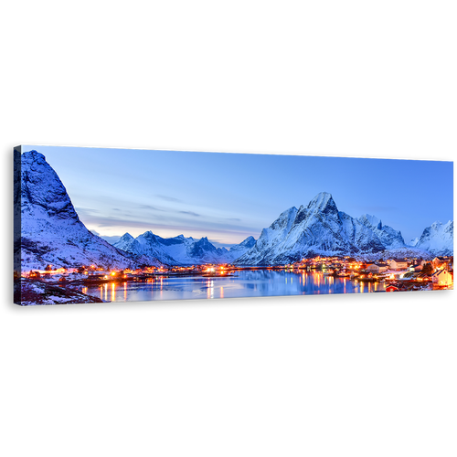 Lofoten Islands Canvas Wall Art, Norway Winter Blue Sky Mountains Canvas Print, City Mountain 1 Piece Canvas, Orange Reine Village Panorama Canvas