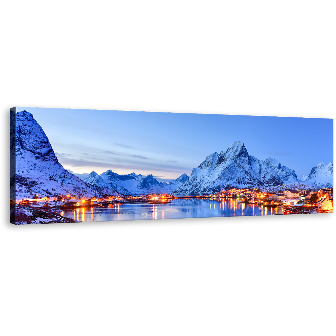 Lofoten Islands Canvas Wall Art, Norway Winter Blue Sky Mountains Canvas Print, City Mountain 1 Piece Canvas, Orange Reine Village Panorama Canvas