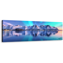 Load image into Gallery viewer, Lofoten Islands Canvas Wall Art, White Winter Mountains Canvas Print, Blue Sky Northern Lights Ocean 1 Piece Canvas
