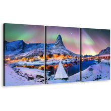 Load image into Gallery viewer, Lofoten Lights Canvas Print, Blue Green Northern Aurora Over Snowy Peaks Triptych Canvas Wall Art
