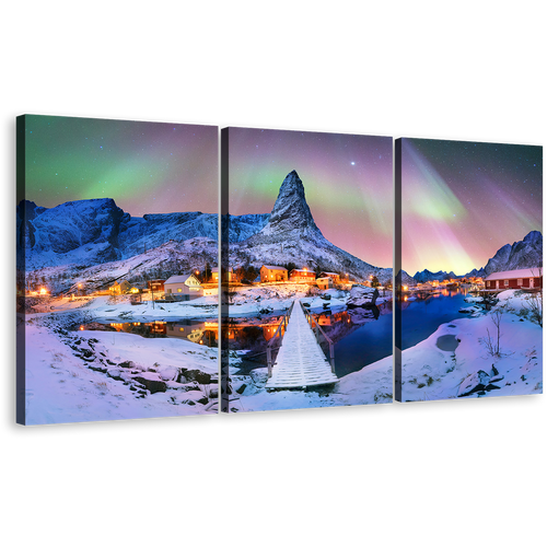 Lofoten Lights Canvas Print, Blue Green Northern Aurora Over Snowy Peaks Triptych Canvas Wall Art