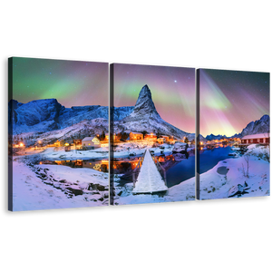 Lofoten Lights Canvas Print, Blue Green Northern Aurora Over Snowy Peaks Triptych Canvas Wall Art