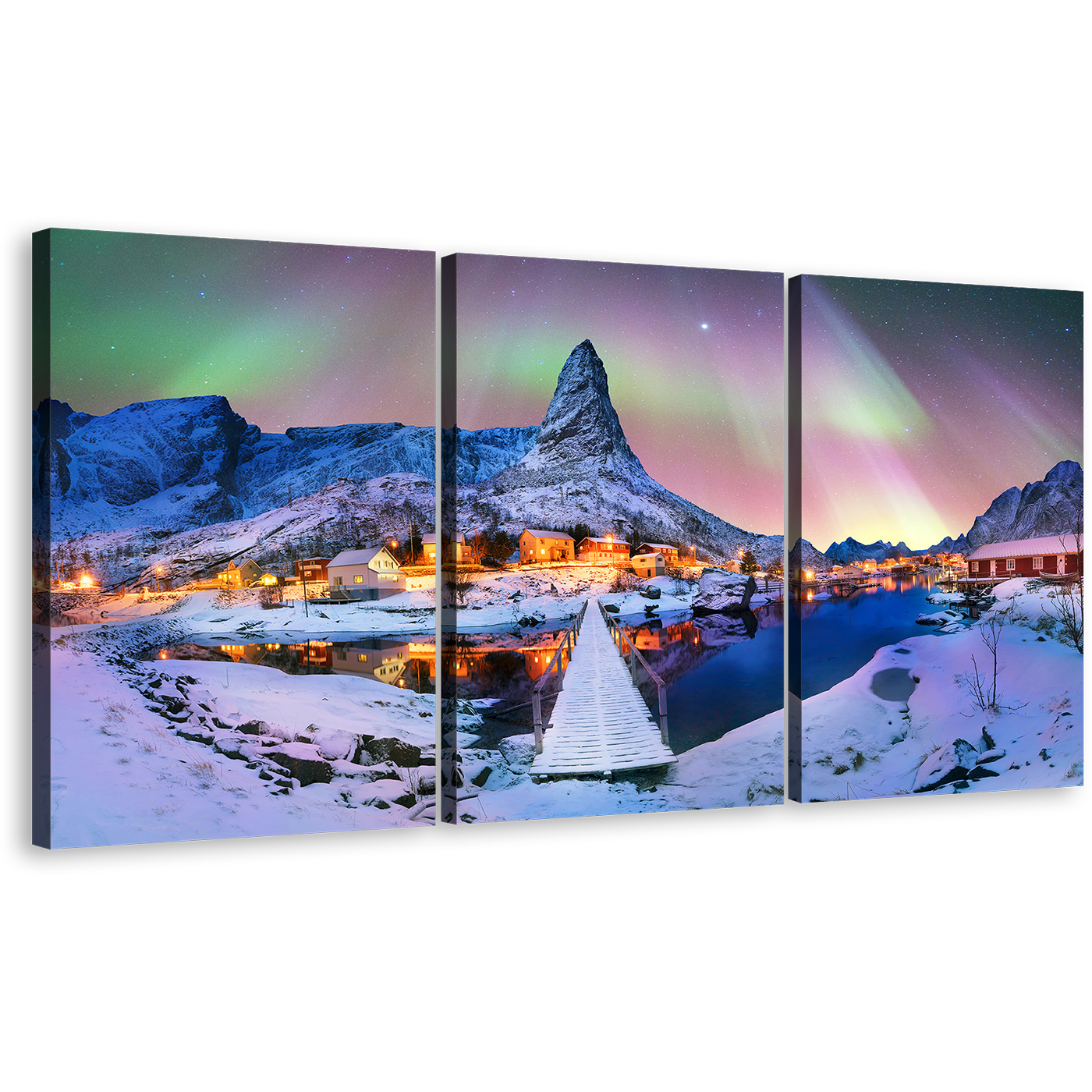 Lofoten Lights Canvas Print, Blue Green Northern Aurora Over Snowy Peaks Triptych Canvas Wall Art