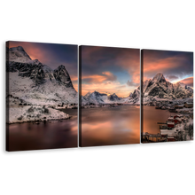 Load image into Gallery viewer, Lofoten Norway Wall Art, Cloudy Orange Sunset Reinevagen Mountains 3 Piece Canvas Print, Grey City Mountains Multi Canvas
