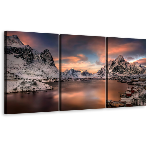 Lofoten Norway Wall Art, Cloudy Orange Sunset Reinevagen Mountains 3 Piece Canvas Print, Grey City Mountains Multi Canvas