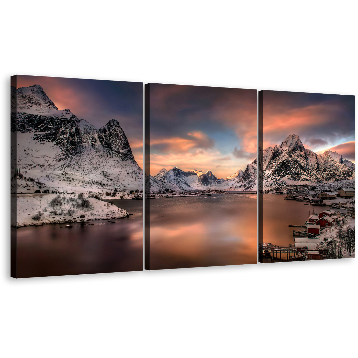 Lofoten Norway Wall Art, Cloudy Orange Sunset Reinevagen Mountains 3 Piece Canvas Print, Grey City Mountains Multi Canvas