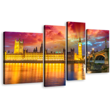 Load image into Gallery viewer, London Bridge Canvas Wall Art, Purple Sunset Westminster City 4 Piece Canvas, Dramatic Yellow City Sunset Canvas Print
