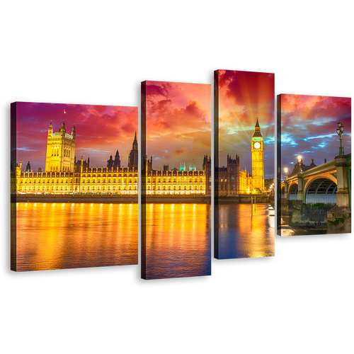 London Bridge Canvas Wall Art, Purple Sunset Westminster City 4 Piece Canvas, Dramatic Yellow City Sunset Canvas Print