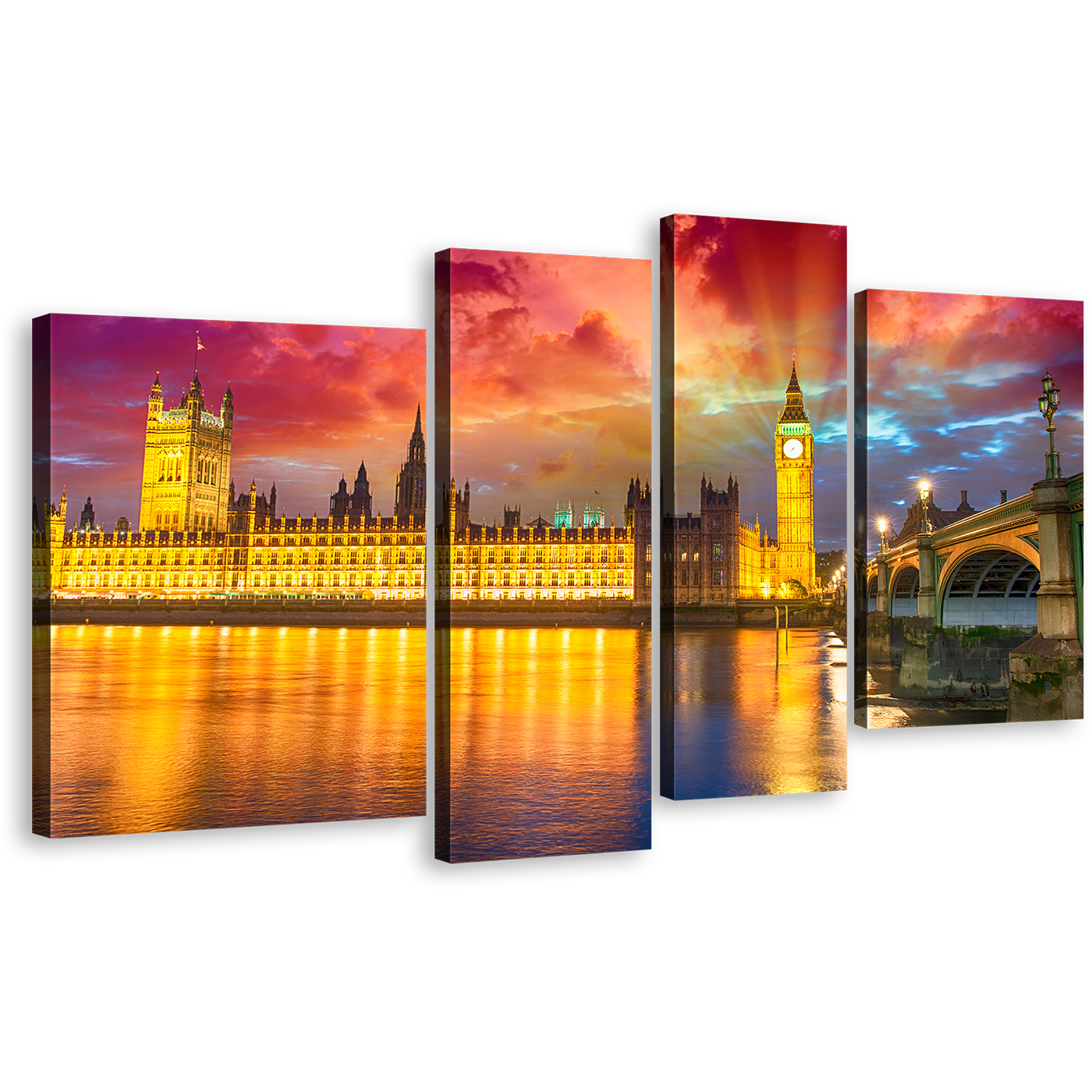 London Bridge Canvas Wall Art, Purple Sunset Westminster City 4 Piece Canvas, Dramatic Yellow City Sunset Canvas Print