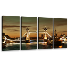 Load image into Gallery viewer, London Bridge Canvas Wall Art, Yellow Light Tower Bridge 4 Piece Canvas Print, James River Brown City Bridge Multiple Canvas
