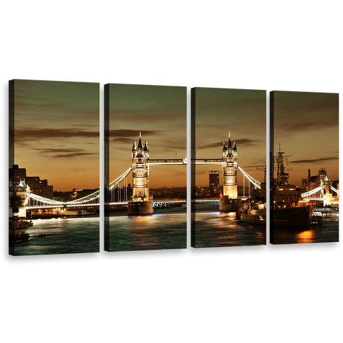 London Bridge Canvas Wall Art, Yellow Light Tower Bridge 4 Piece Canvas Print, James River Brown City Bridge Multiple Canvas