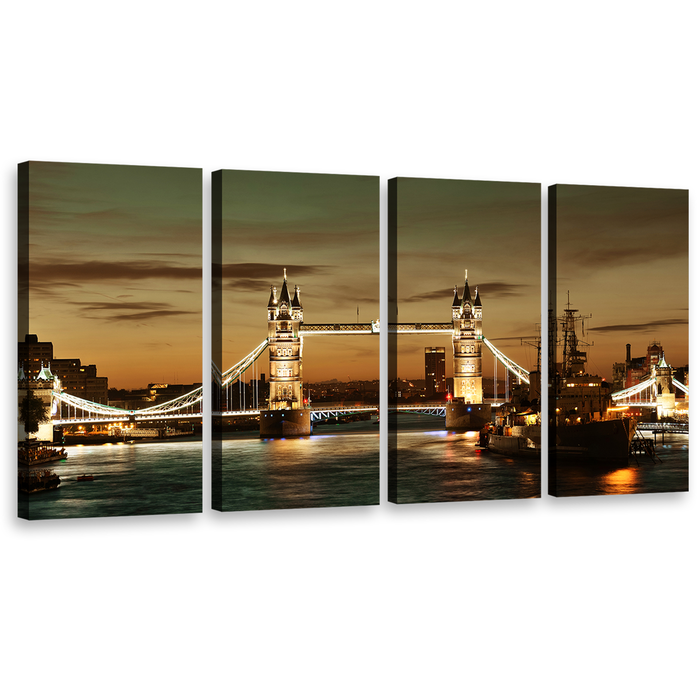 London Bridge Canvas Wall Art, Yellow Light Tower Bridge 4 Piece Canvas Print, James River Brown City Bridge Multiple Canvas