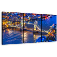 Load image into Gallery viewer, London Bridge Wall Art, England Blue River Thames 3 Piece Canvas Print, Yellow Tower Bridge City Lights Canvas Set
