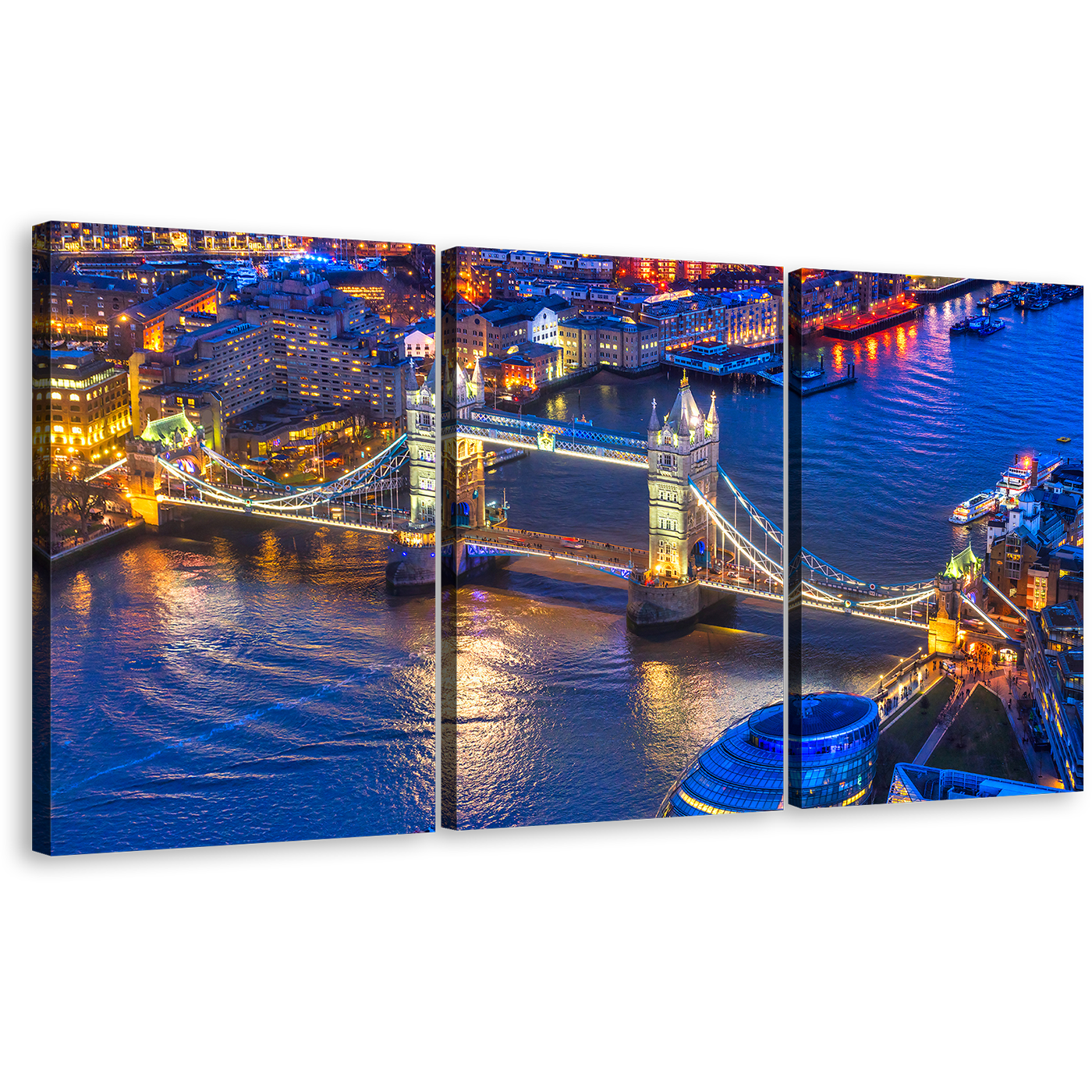 London Bridge Wall Art, England Blue River Thames 3 Piece Canvas Print, Yellow Tower Bridge City Lights Canvas Set