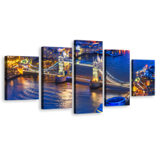 Load image into Gallery viewer, London Cityscape Canvas Print, Blue River Thames 5 Piece Multiple Canvas, Yellow Tower Bridge City Lights Wall Art
