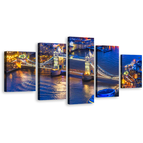 London Cityscape Canvas Print, Blue River Thames 5 Piece Multiple Canvas, Yellow Tower Bridge City Lights Wall Art