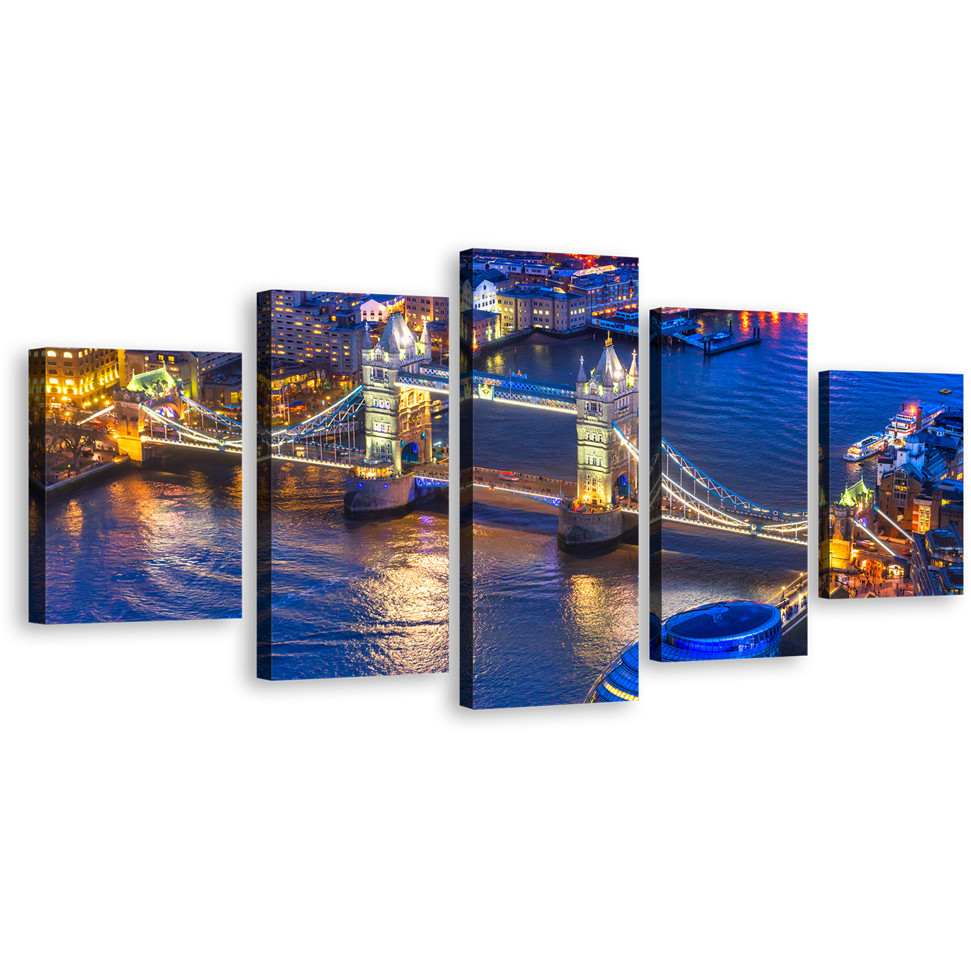 London Cityscape Canvas Print, Blue River Thames 5 Piece Multiple Canvas, Yellow Tower Bridge City Lights Wall Art