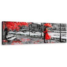 Load image into Gallery viewer, London Street Canvas Wall Art, Red Tree Umbrella Couple Panoramic Canvas, England Black and White City Canvas Print
