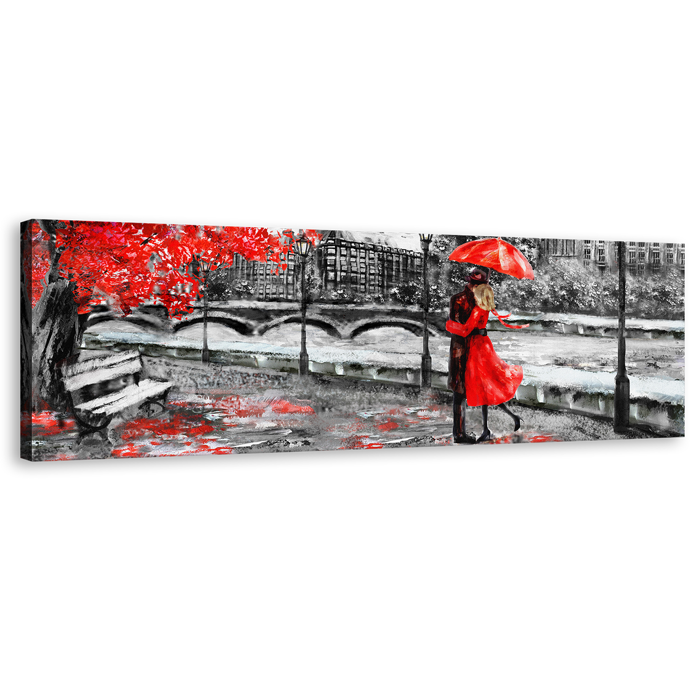 London Street Canvas Wall Art, Red Tree Umbrella Couple Panoramic Canvas, England Black and White City Canvas Print