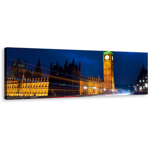 London Westminster Canvas Print, Light Trail Blue Sky City Wall Art, Gold Green Clock Tower City 1 Piece Canvas Art