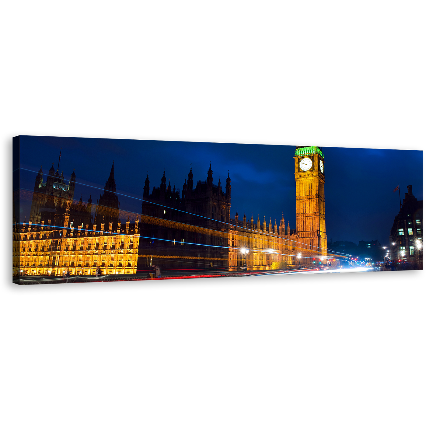 London Westminster Canvas Print, Light Trail Blue Sky City Wall Art, Gold Green Clock Tower City 1 Piece Canvas Art