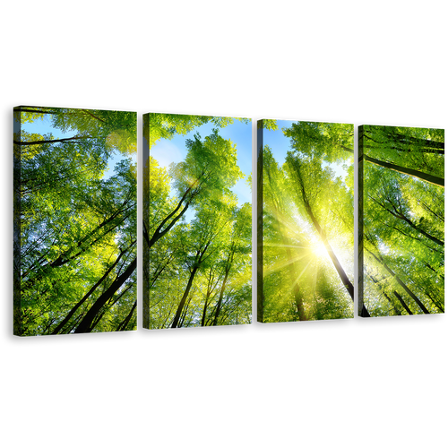 Looking Up Canvas Print, Green Trees Autumn Forest Wall Art, Beautiful Yellow Sunrise Sky Nature Multiple Canvas