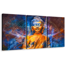 Load image into Gallery viewer, Lord Buddha Canvas Print, Blue Light Buddha Digital Oil Painting 3 Piece Canvas Wall Art, Orange Buddha Canvas Set
