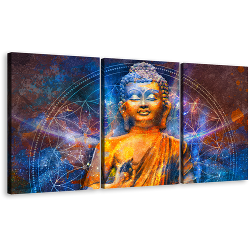 Lord Buddha Canvas Print, Blue Light Buddha Digital Oil Painting 3 Piece Canvas Wall Art, Orange Buddha Canvas Set