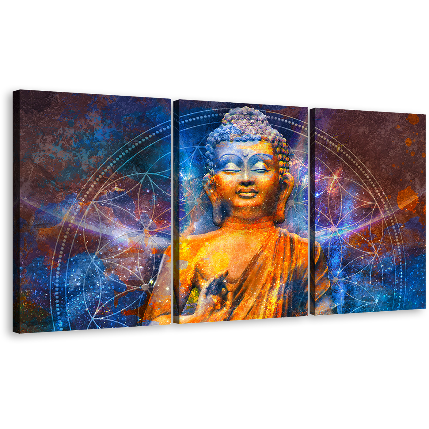 Lord Buddha Canvas Print, Blue Light Buddha Digital Oil Painting 3 Piece Canvas Wall Art, Orange Buddha Canvas Set