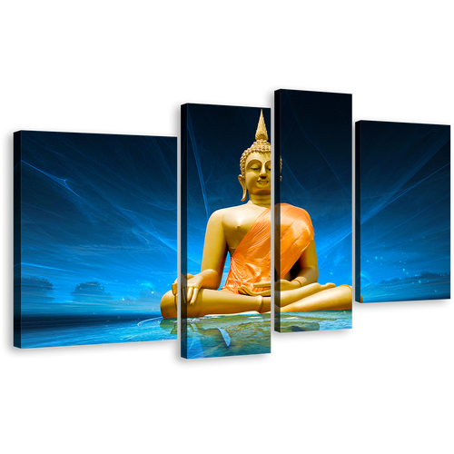 Lord Buddha Canvas Wall Art, Blue Scenic Lighting Background Buddha Canvas Set, Gold Buddha Meditation 4 Piece Multi Canvas