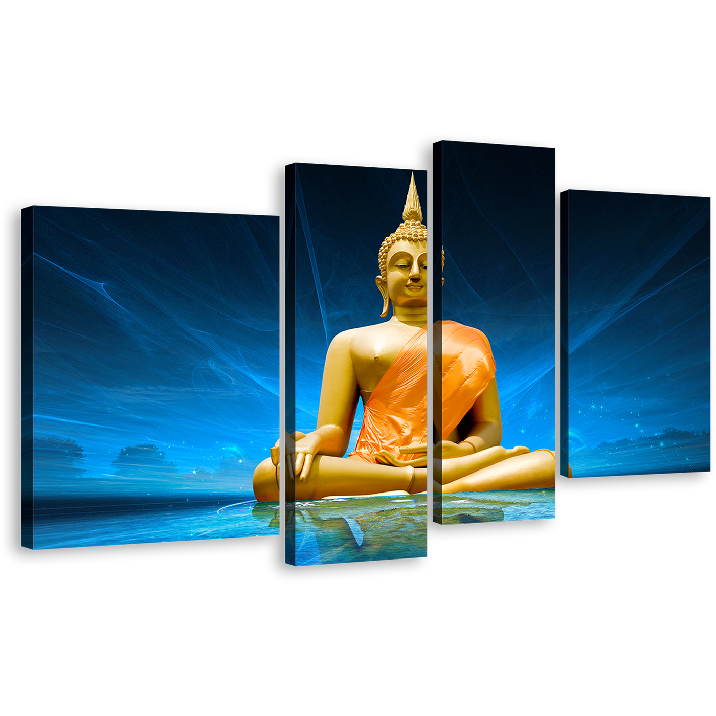 Lord Buddha Canvas Wall Art, Blue Scenic Lighting Background Buddha Canvas Set, Gold Buddha Meditation 4 Piece Multi Canvas