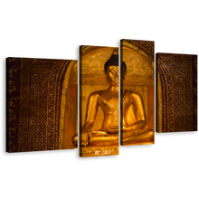 Load image into Gallery viewer, Lord Buddha Canvas Wall Art, Brown Wat Phra Singh Temple 4 Piece Multiple Canvas, Gold Peaceful Buddha Statue Canvas Print
