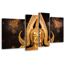 Load image into Gallery viewer, Lord Buddha Canvas Wall Art, Gold Buddha Statue 4 Piece Canvas Print, Buddha Temple Multiple Canvas
