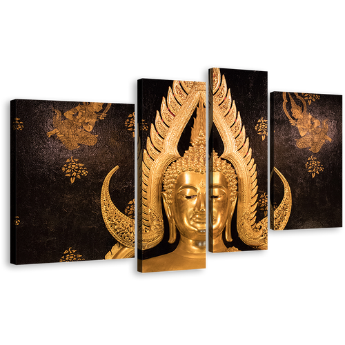 Lord Buddha Canvas Wall Art, Gold Buddha Statue 4 Piece Canvas Print, Buddha Temple Multiple Canvas