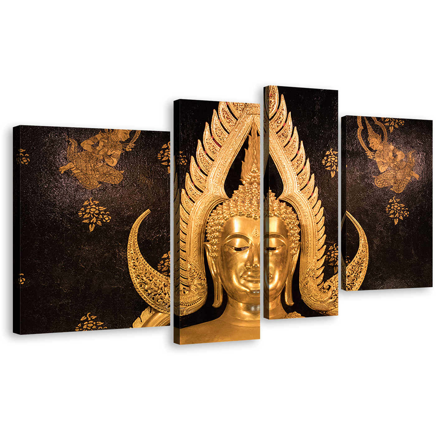 Lord Buddha Canvas Wall Art, Gold Buddha Statue 4 Piece Canvas Print, Buddha Temple Multiple Canvas