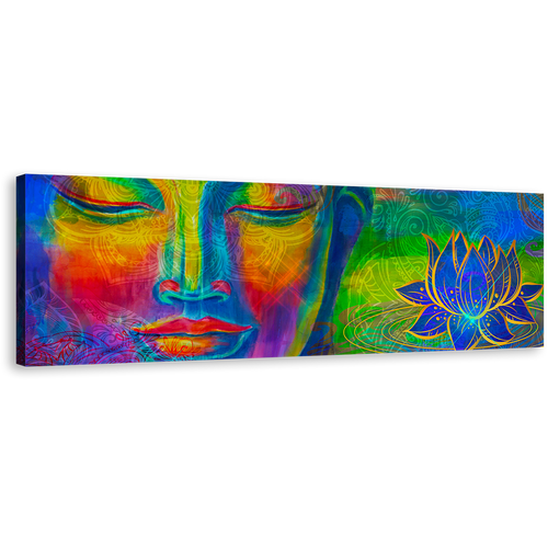 Lord Buddha Canvas Wall Art, Head of Buddha Digital Canvas Artwork, Colorful Buddha Panoramic Canvas Print