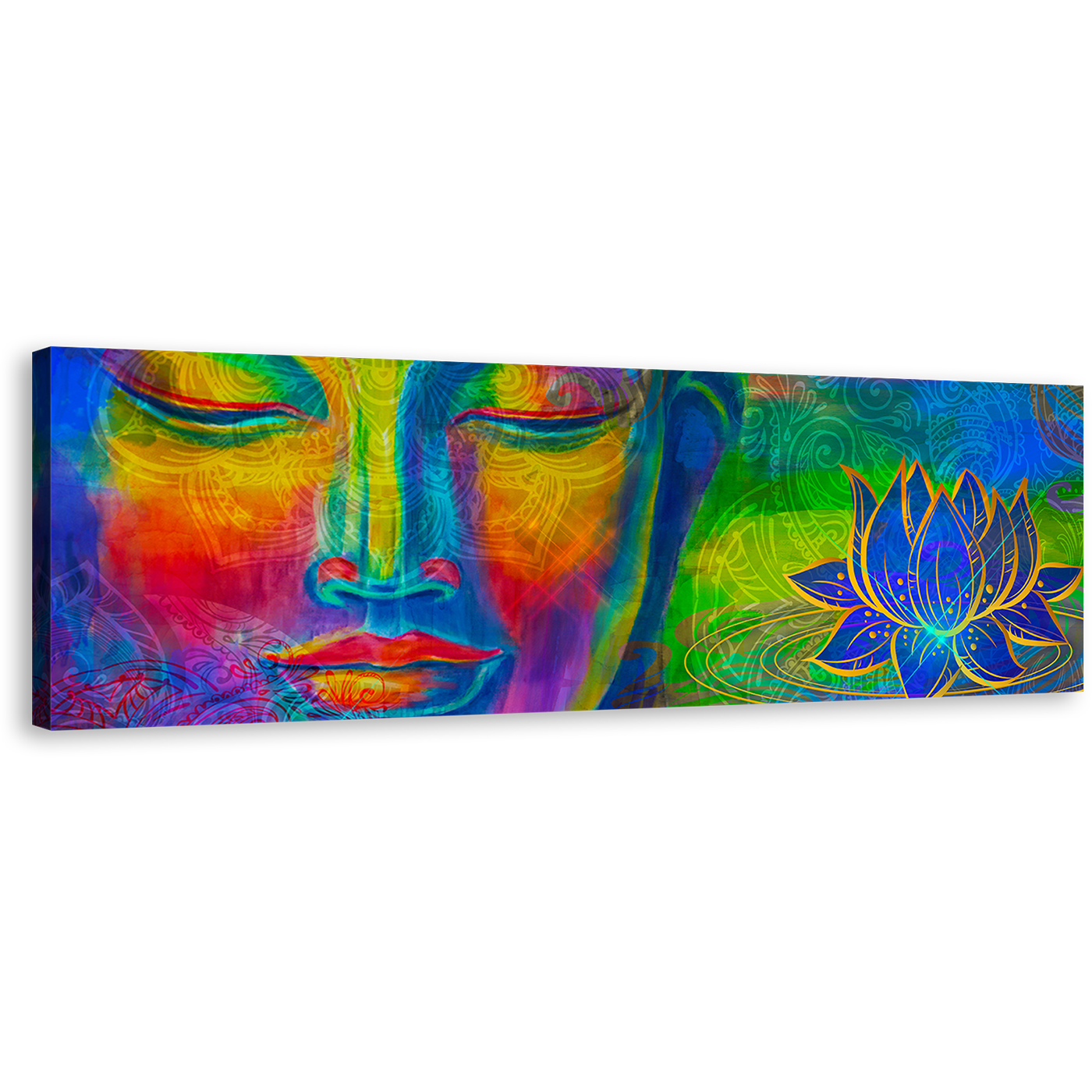 Lord Buddha Canvas Wall Art, Head of Buddha Digital Canvas Artwork, Colorful Buddha Panoramic Canvas Print