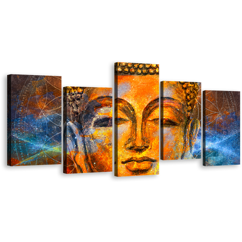 Lord Buddha Canvas Wall Art, Yellow Gold Buddha Canvas Set, Buddha Meditation 5 Piece Canvas Print