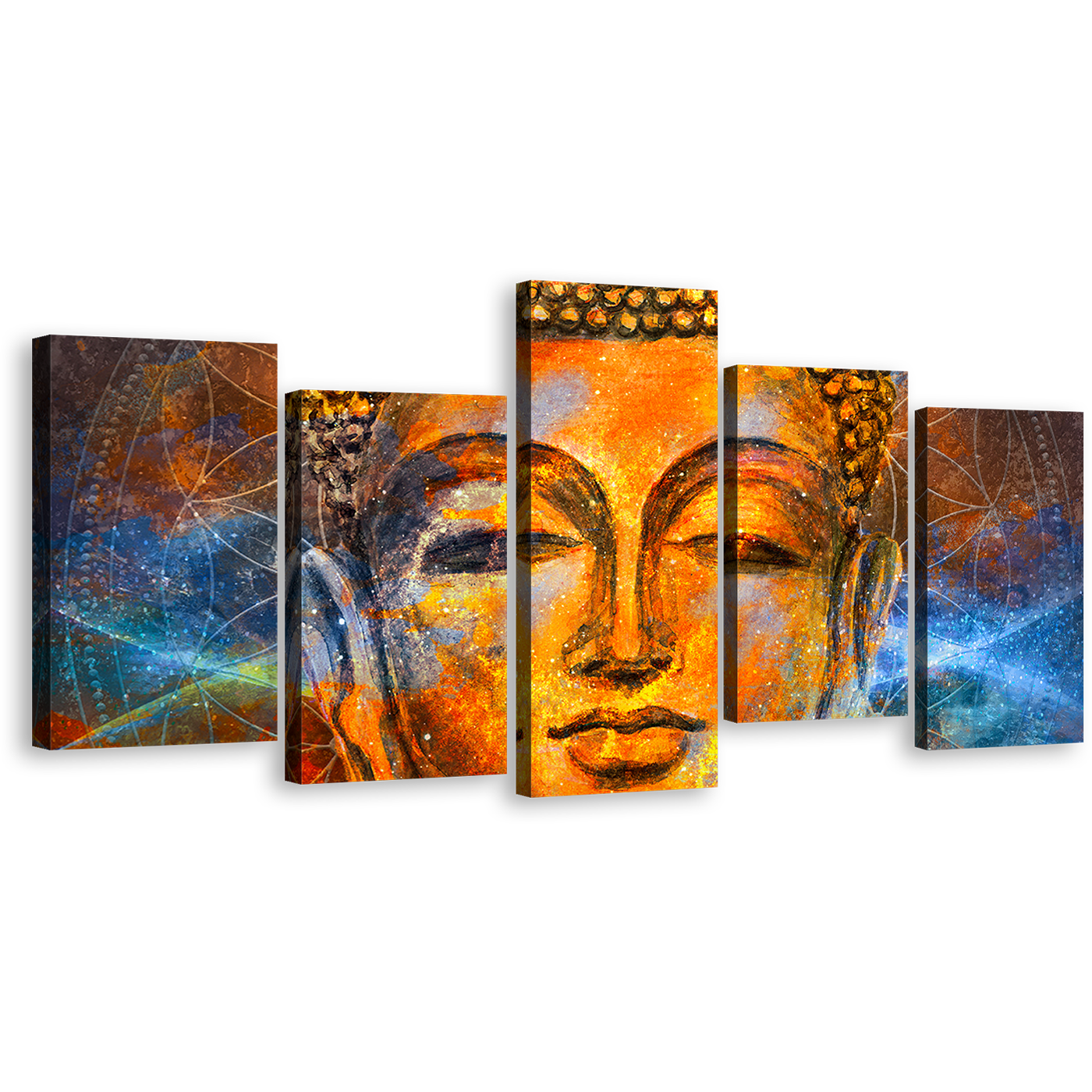 Lord Buddha Canvas Wall Art, Yellow Gold Buddha Canvas Set, Buddha Meditation 5 Piece Canvas Print