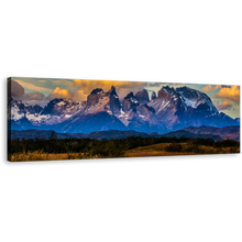 Load image into Gallery viewer, Los Cuernos Canvas Print, Green Landscape Torres del Paine National Park Wall Art, Beautiful Blue Mountain Clouds Panoramic Canvas Art
