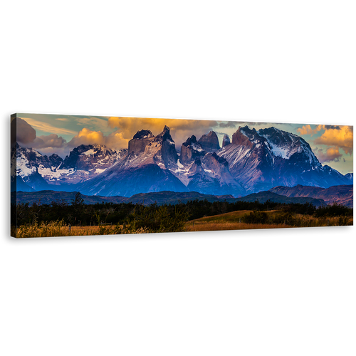 Los Cuernos Canvas Print, Green Landscape Torres del Paine National Park Wall Art, Beautiful Blue Mountain Clouds Panoramic Canvas Art