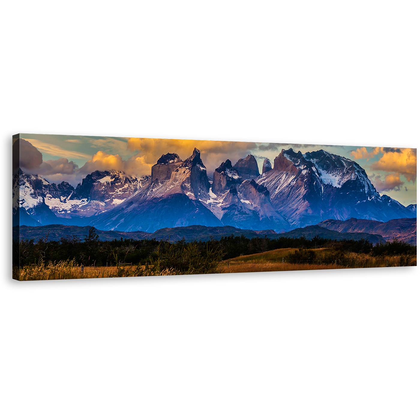 Los Cuernos Canvas Print, Green Landscape Torres del Paine National Park Wall Art, Beautiful Blue Mountain Clouds Panoramic Canvas Art